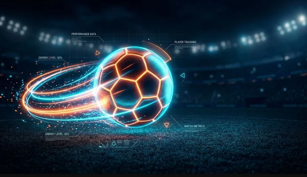A glowing soccer ball surrounded by neon orange and cyan light trails on a dark stadium pitch at night, featuring futuristic digital UI overlays and floating vector grid lines.