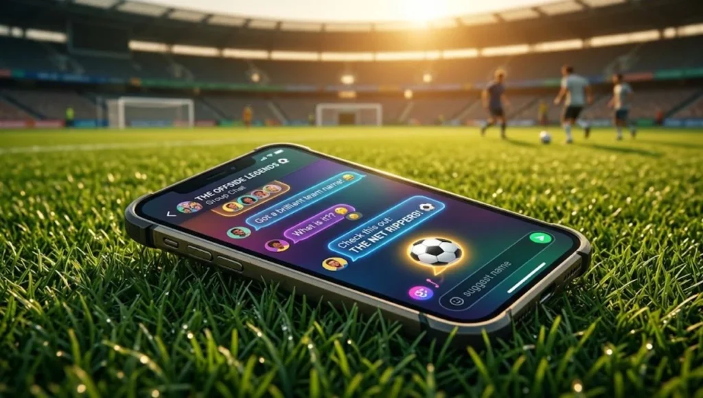 A smartphone with a group chat open on the screen is lying on the green grass of a soccer stadium during sunset, with a few players practicing in the background.